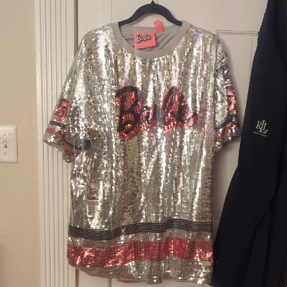 Barbie Glittering Silver and Pink Sequin T-Shirt Dress - Picture 1 of 3